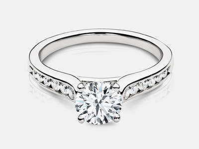The Morgan style engagement ring set with 12 round brilliant cut side diamonds features a 0.30 carat GIA certified round brilliant center, I color, SI1 clarity.  $2880.00